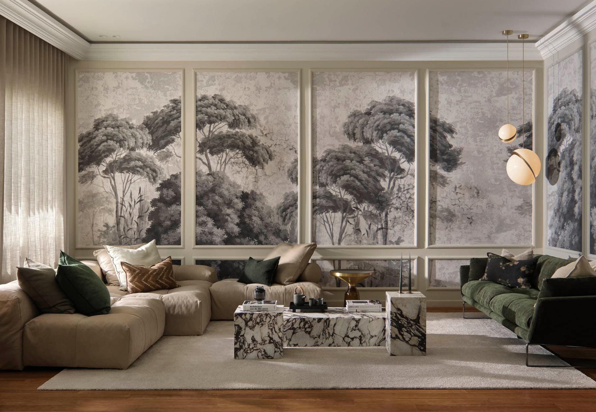 Wide view of the green living room