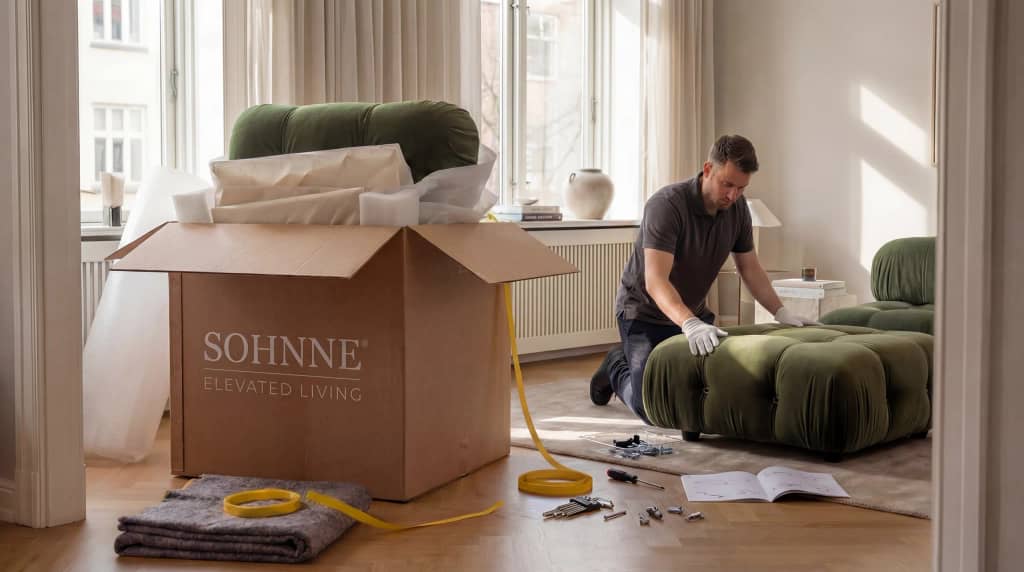 White glove assembly team putting furniture together inside a customer home