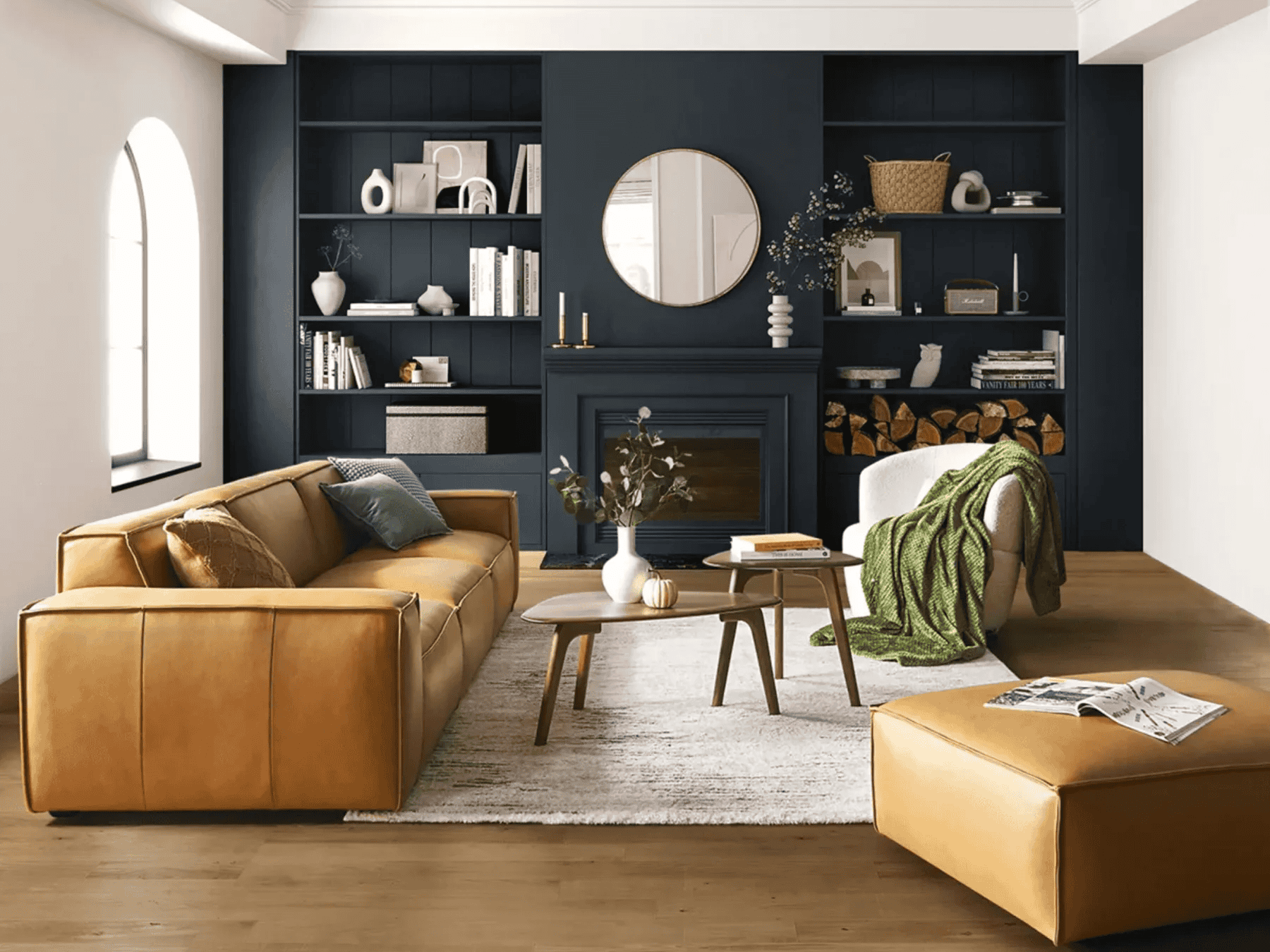 what colour goes with brown leather sofa