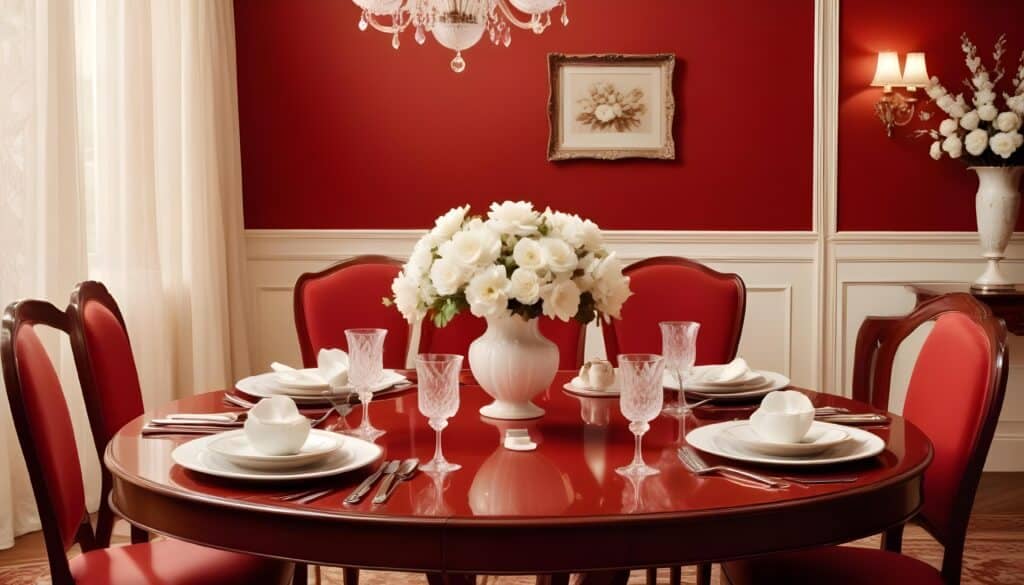 Elegant evening setup with red theme and white floral details.
