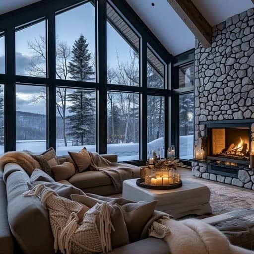 cloud couch with ottoman for a fireplace setting