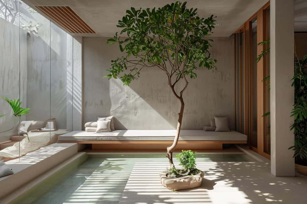 Indoor plants such as bonsai and fiddle-leaf figs separate two zones naturally. Therefore, this layout captures split living room ideas inspired by organic design.