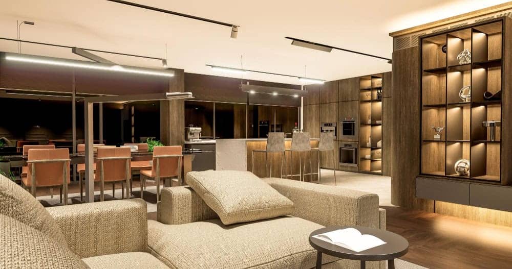 Two modern living zones in one room, showing how split living room ideas create clear purpose and flow in small and large spaces.