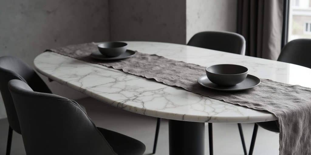 Marble dining table styled with cotton runner and patterned linens, adding texture and warmth.