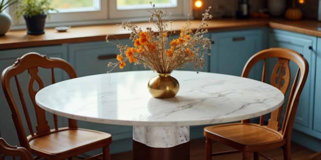 Round marble dining table with low brass vase and fresh flowers, creating a warm inviting look.