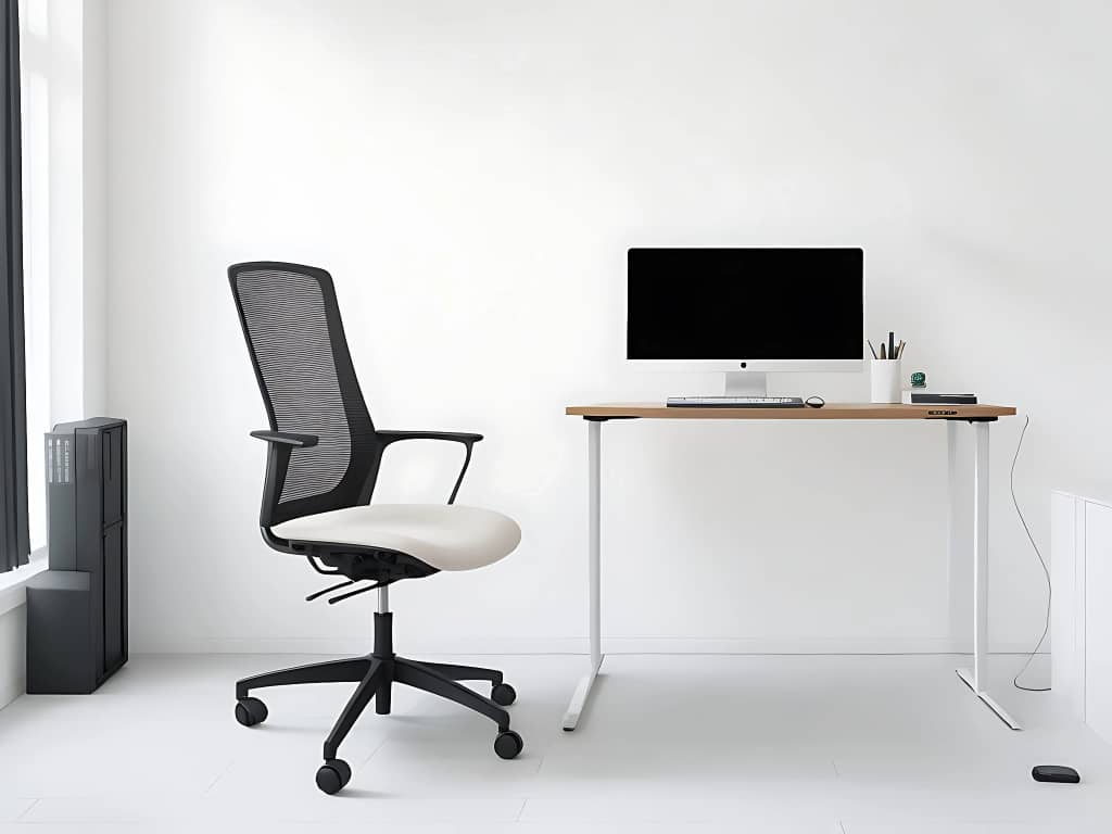 Minimalist home office with a table, some ornaments, and an ergonomic office chair.