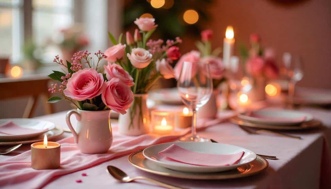 Combining fresh and artificial flowers as Valentine's Day dinner table decoration, mostly pink flowers in small vases on a large table.