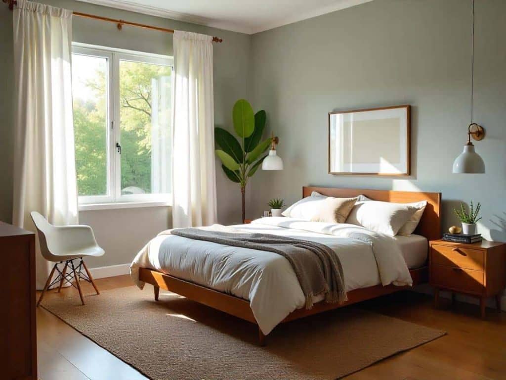 layout idea for a mid-century modern bedroom