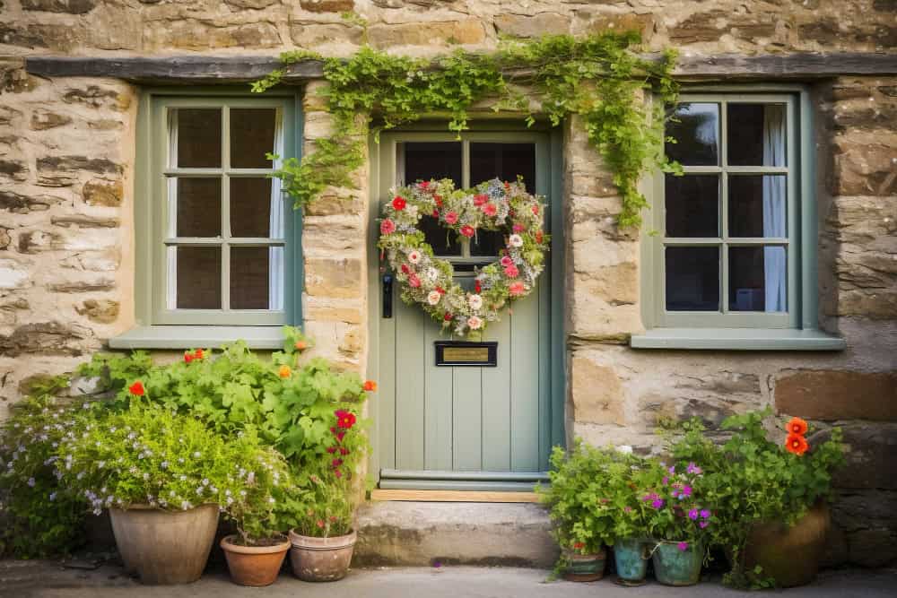 cottage front door with heart shaped decoration
