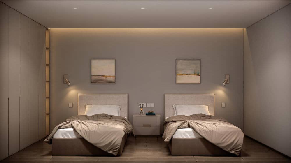 Twin bedroom lighting ideas with table lamps, wall sconces, and dimmable ceiling lights for a warm, cinematic glow.