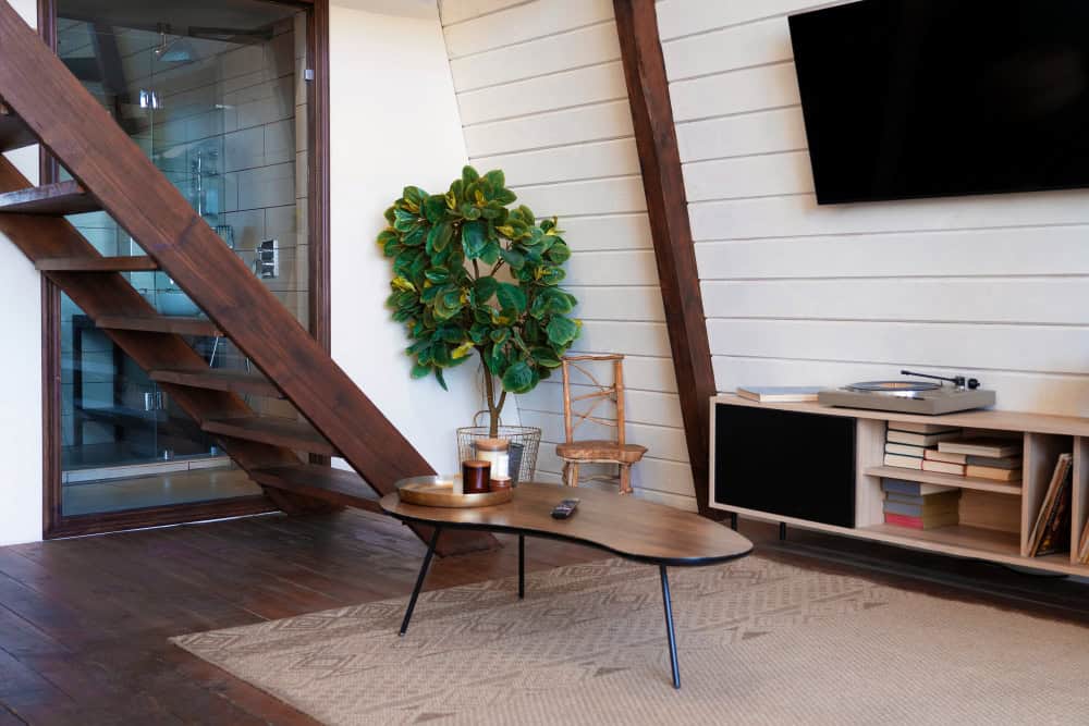 Asymmetrical layout showing small living room ideas with TV with an indoor plant for balance.