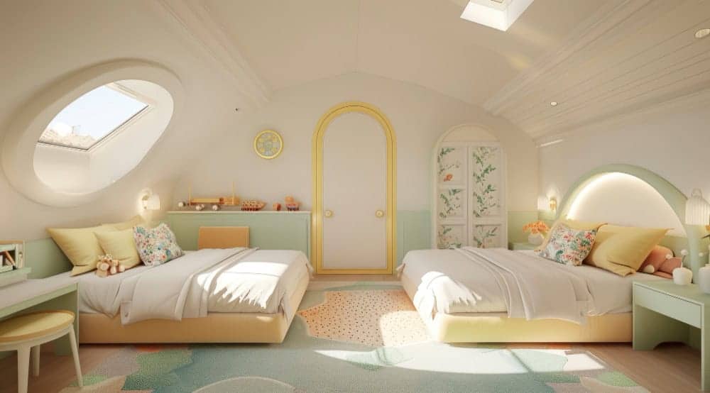 Twin bedroom ideas using warm neutral colors like beige and sage with soft accents for a calm, cohesive shared retreat.