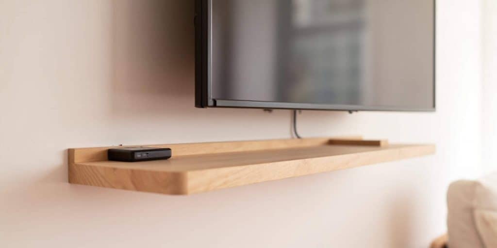 Floating DIY TV stand mounted on a wall with hidden brackets, saving floor space in a minimalist home.