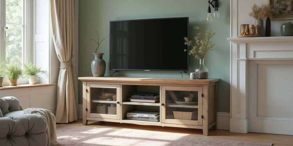 DIY TV stand with back panel in sage green, featuring neat cable management for a clean and organized look.