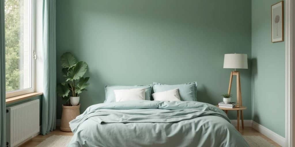 Bedroom interior using a soothing home decor color palette of sage green and muted blue that promotes rest, balance, and relaxation.