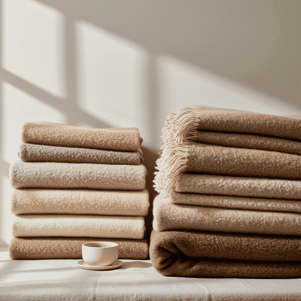 Stack of folded fleece throws in neutral colors.