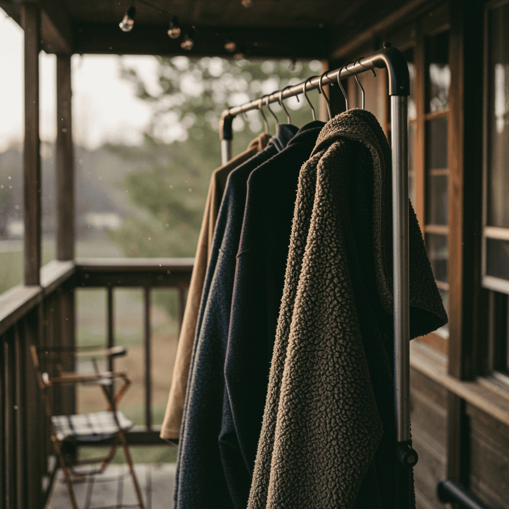 Washed fleece and Sherpa garments drying on rack.