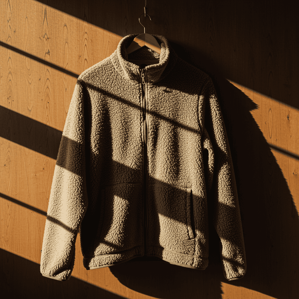 Fleece jacket with smooth texture displayed on wooden hanger.