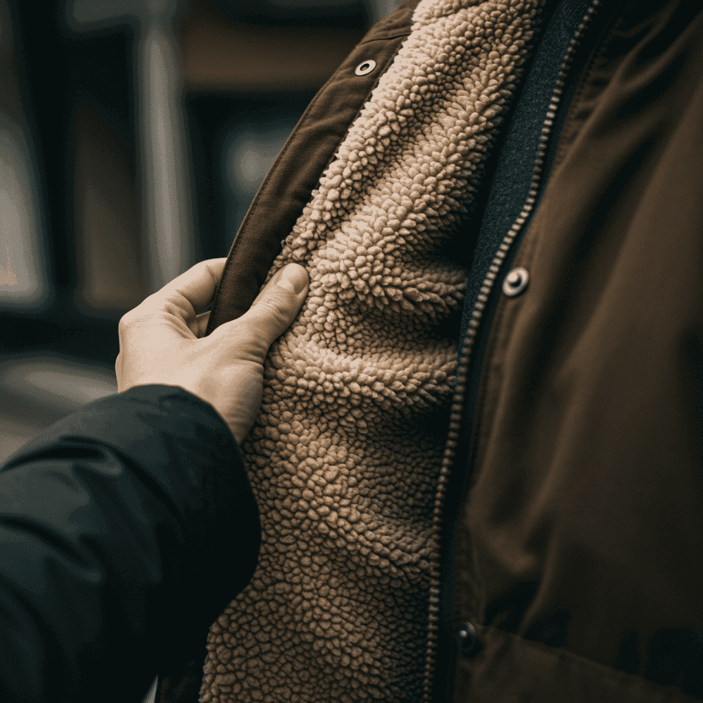 Hand touching plush Sherpa lining inside a winter coat.