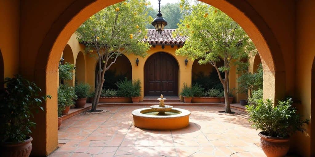Courtyard of a Spanish style house with clay flooring, lemon trees, and a small fountain capturing calm Mediterranean charm.