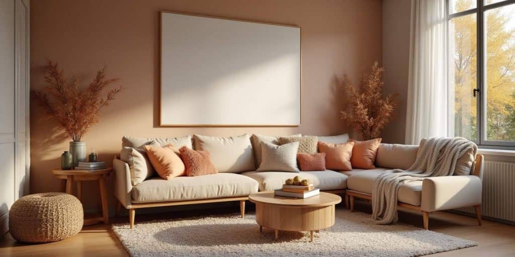 Cozy living space showcasing a home decor color palette that changes with the seasons, featuring warm tones and adaptable accents.