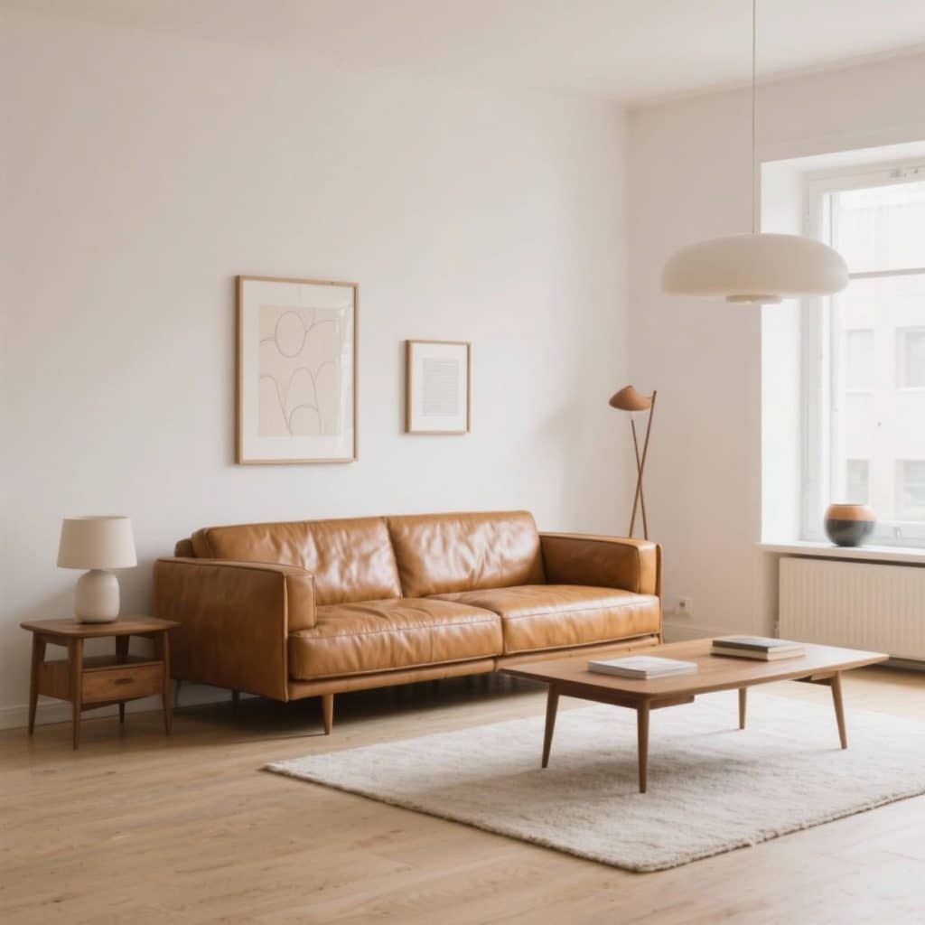 Mid-century style living room featuring a light brown leather sofa and minimalist decor.