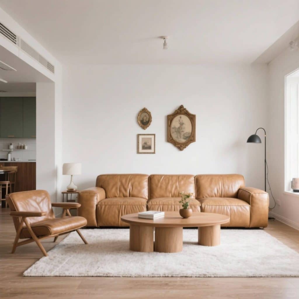 Modern living space with light brown leather sectional and vintage decor accents.