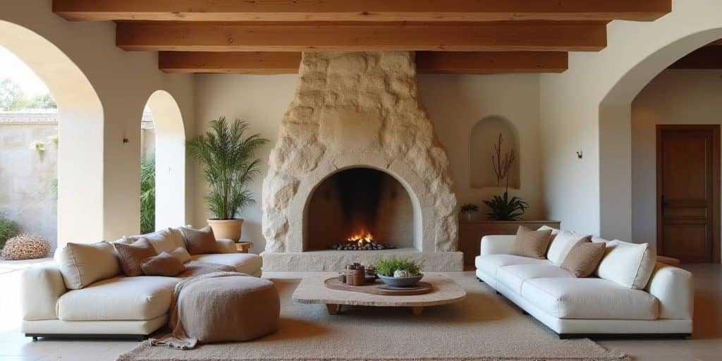 Modern Spanish living room centered around a stone fireplace with curved lines and balanced furniture arrangement.