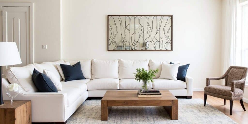 Modern Spanish living room with a linen sectional sofa, reclaimed wood table, and vintage iron mirror for a cozy mix of styles.