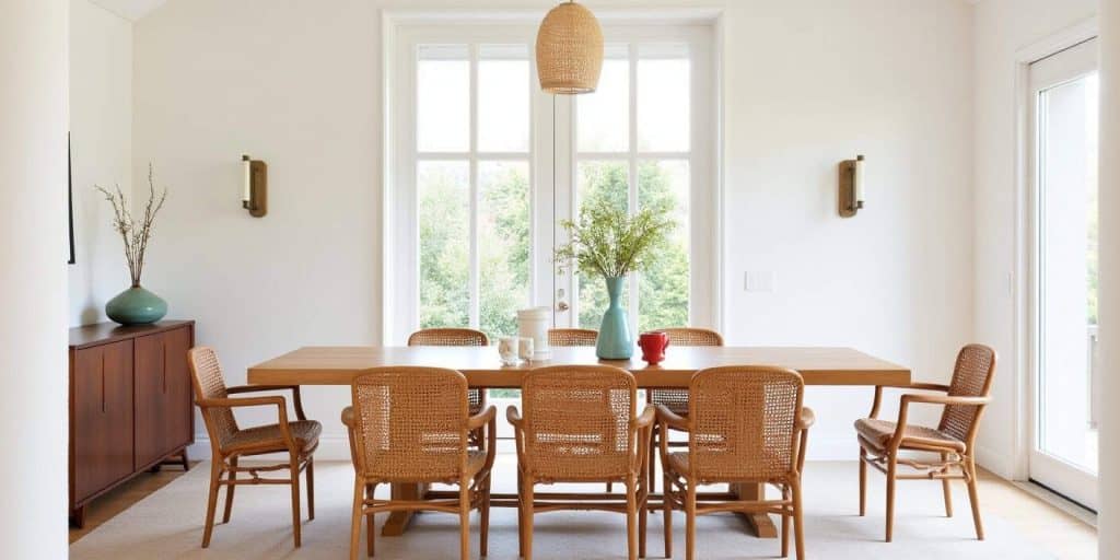 Modern Spanish style dining room with a light wood table, rattan chairs, and a dark walnut console creating balanced textures.