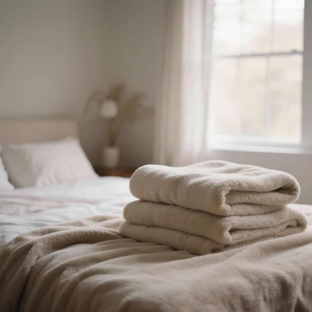 Stack of folded fleece throws in neutral colors.