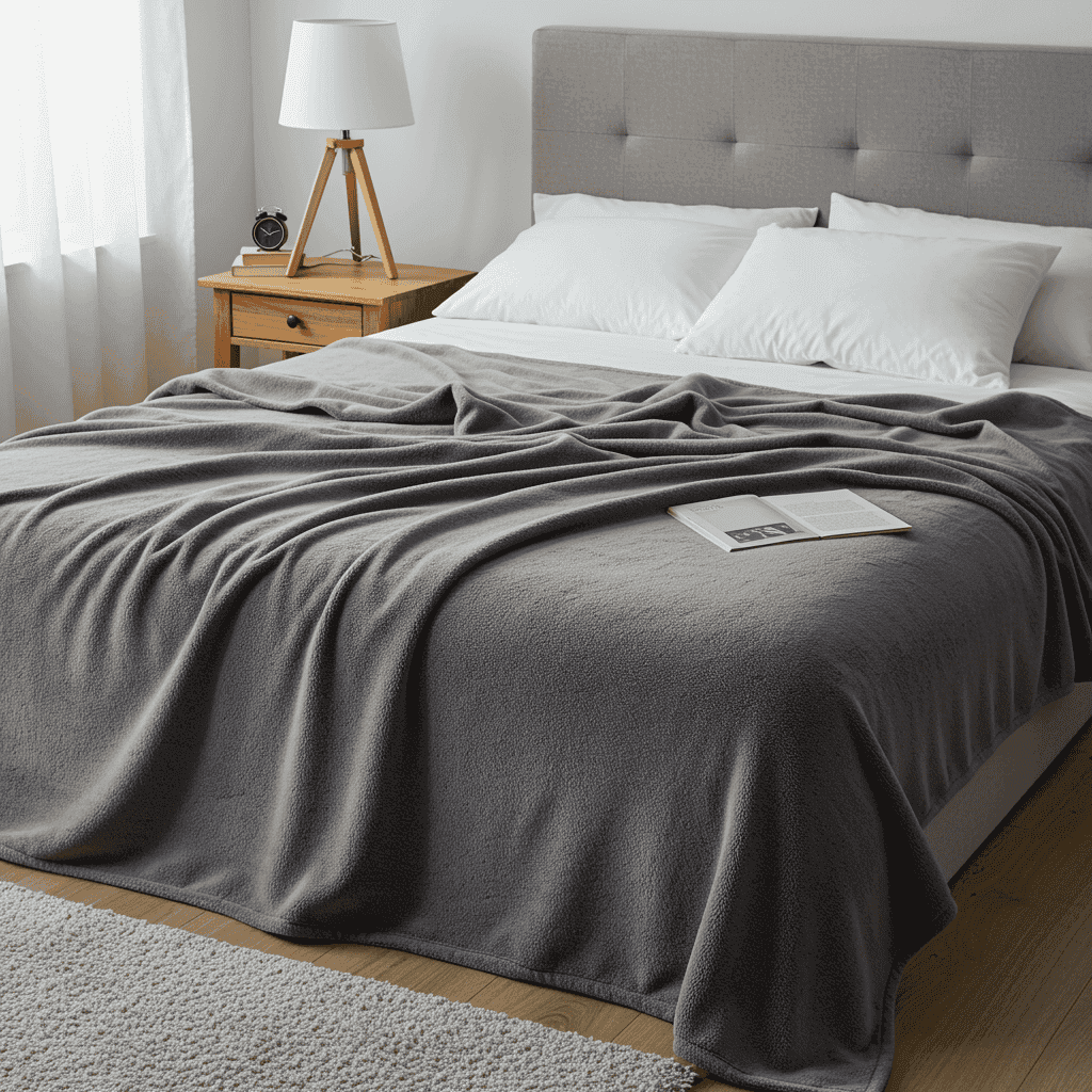 Soft fleece blanket draped over a bed in a cozy bedroom setting.