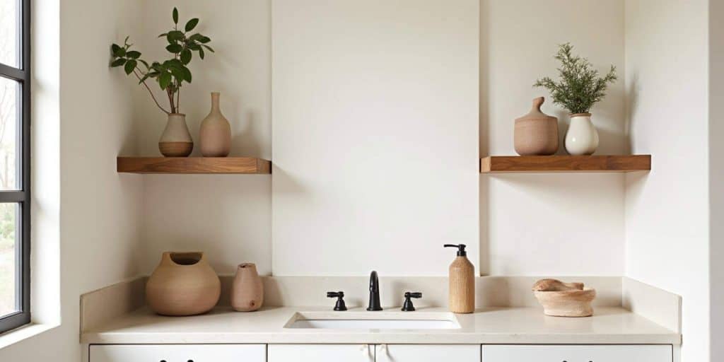 Spanish style bathroom shelves decorated with organic pottery, wooden accents, and soft greenery for a natural look.