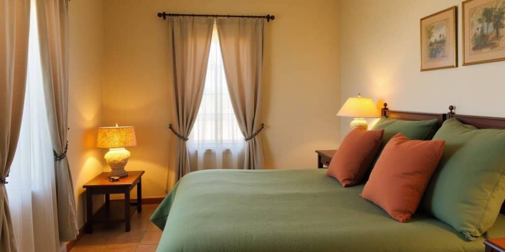 Spanish style bedroom with earthy green bedding, terracotta pillows, and soft beige walls showing a warm natural palette.