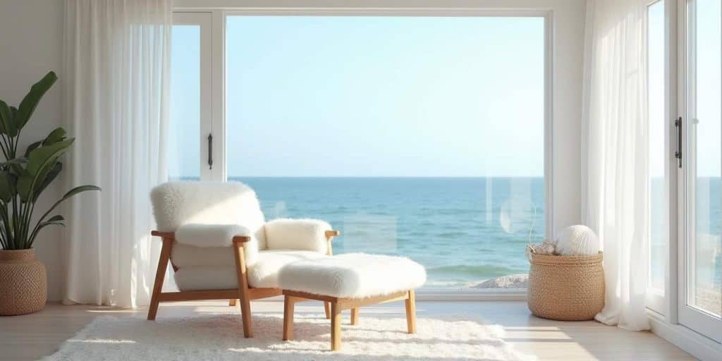 “Soft white sheepskin chair in a modern living room, styled with natural wood furniture and warm light for a cozy, timeless feel.”