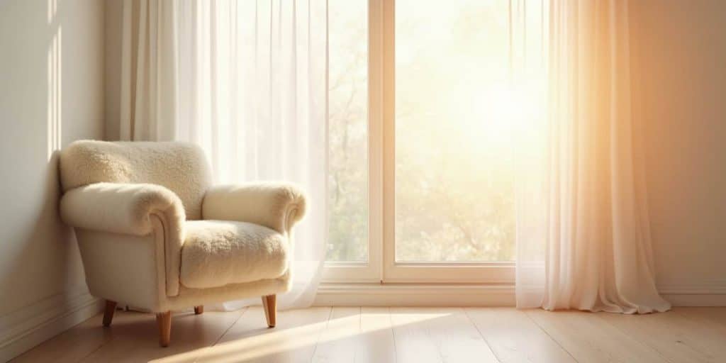 Elegant sheepskin accent chair placed by a window with soft sunlight, adding texture and warmth to a minimalist interior.