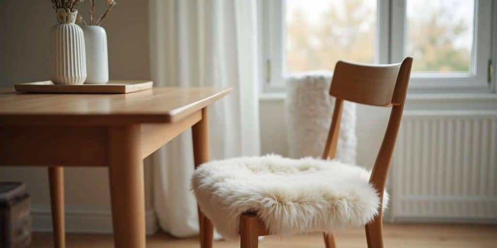 Neutral sheepskin chair pad on a wooden dining chair, bringing comfort and softness to a modern, light-filled space.