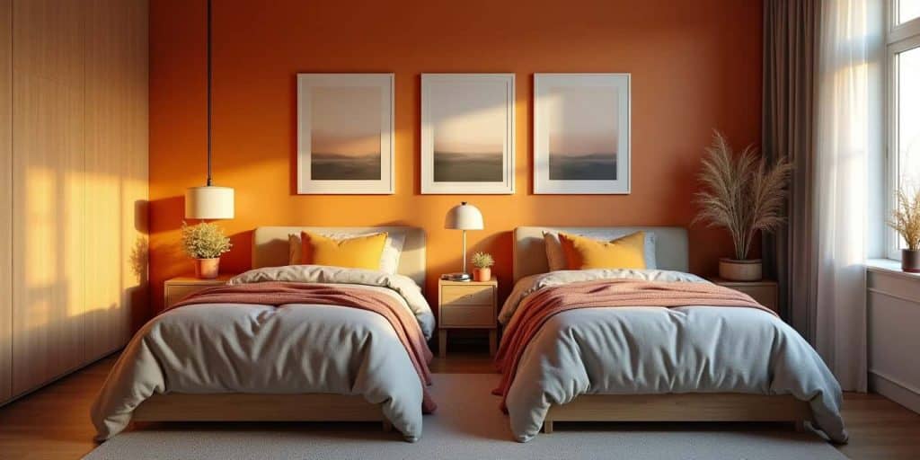 Cozy twin bedroom ideas with layered bedding, warm lighting, and natural wood furniture for a modern, inviting shared space.