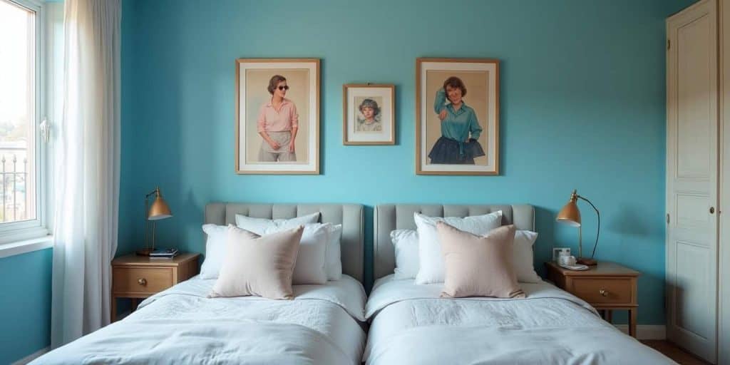 Twin bedroom ideas with bold artwork on one side and soft pastel art on the other, creating personality and calm harmony.