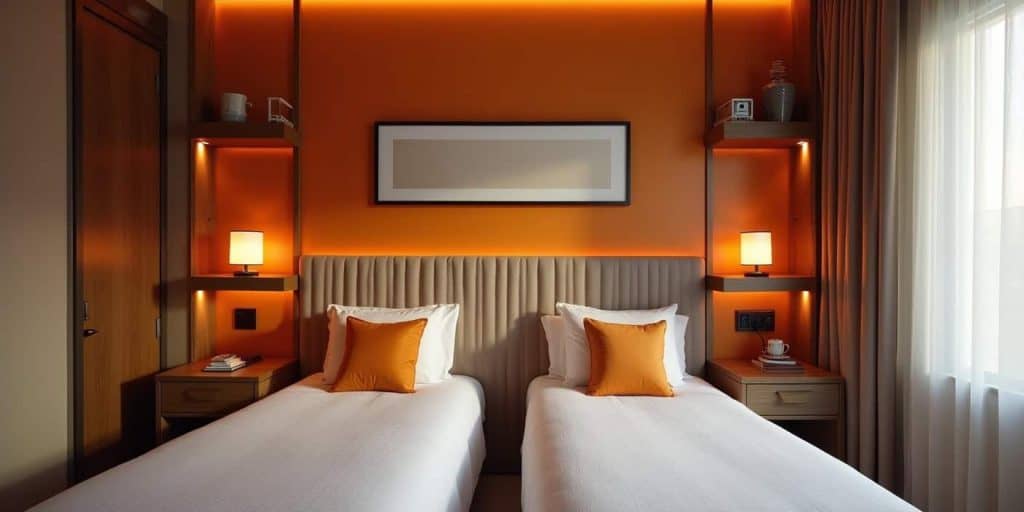 Small twin bedroom design with tall headboards and vertical shelving to make the shared space feel larger and elegant.
