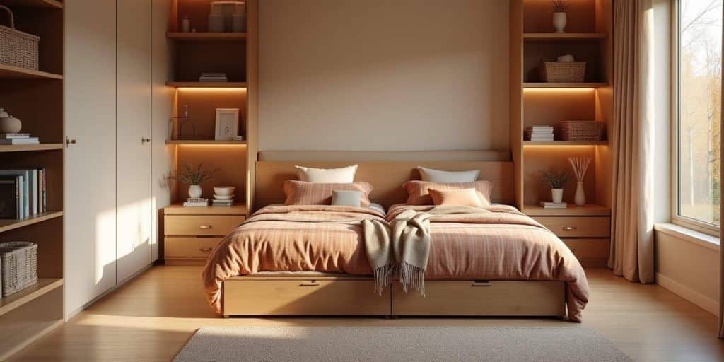 Modern twin bedroom ideas featuring under-bed drawers, built-in shelving, and floating nightstands for clutter-free organization.