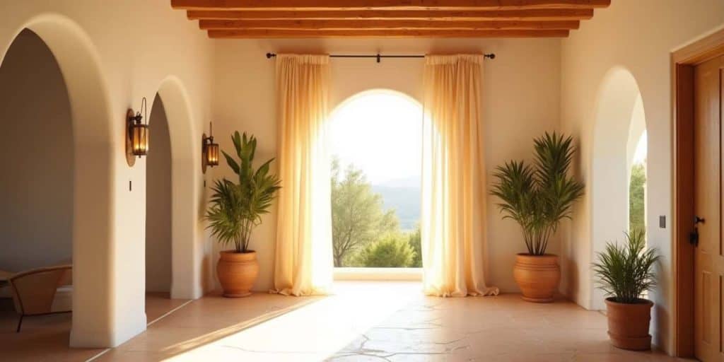 Spanish style home interior with arched doorways, wooden ceiling beams, and textured white walls for soft architectural character.