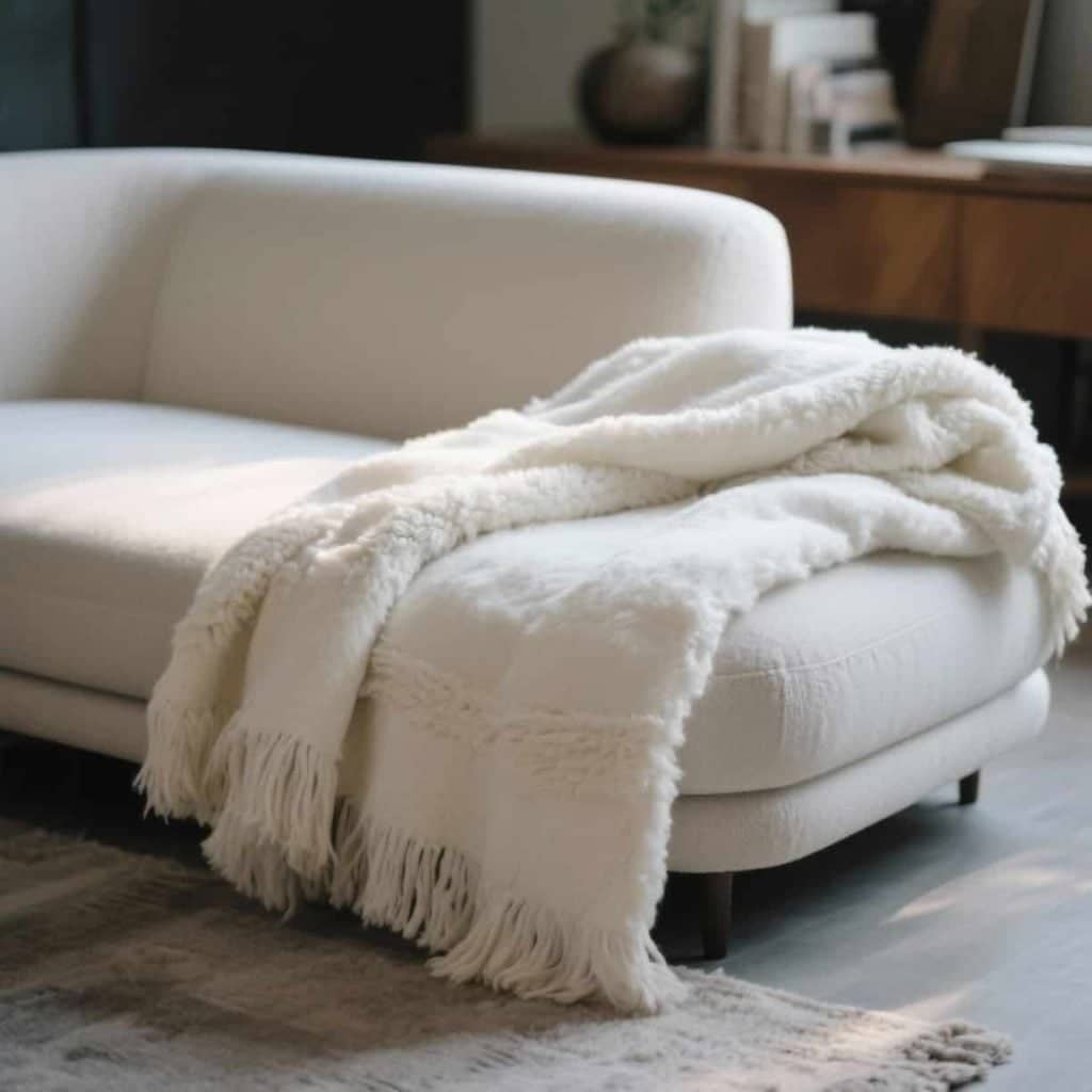 Soft white Sherpa blanket folded on a modern sofa.