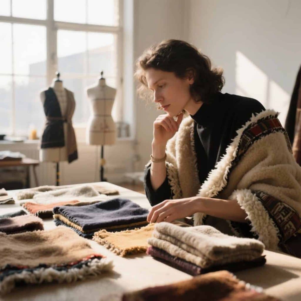 Designer choosing between fleece and Sherpa samples for clothing line.