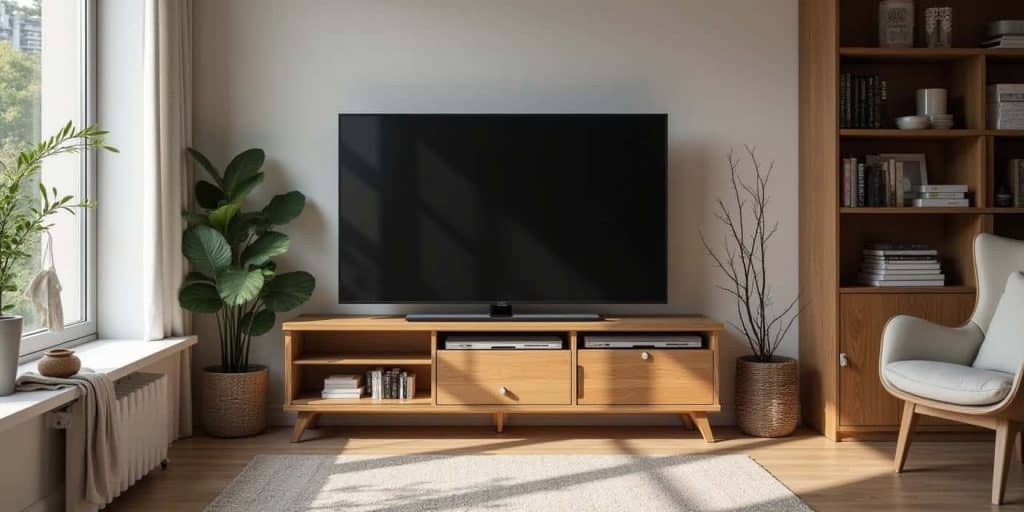 Modern DIY TV stand setup in a cozy living room with wood and metal details, showing stylish storage and personalized design elements.