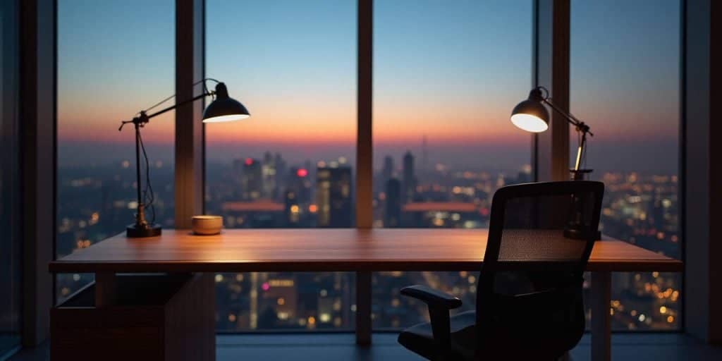 Modern workspace furniture setup with wooden desk, ergonomic chair, and soft natural light for mindful productivity.