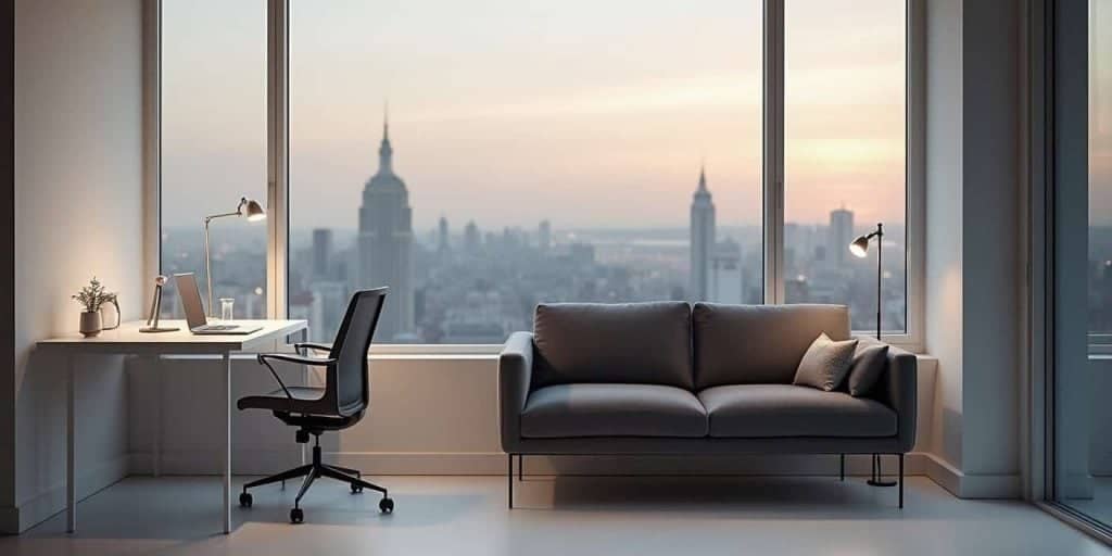 Workspace furniture layout with standing desk and seating area that supports mindful work habits.