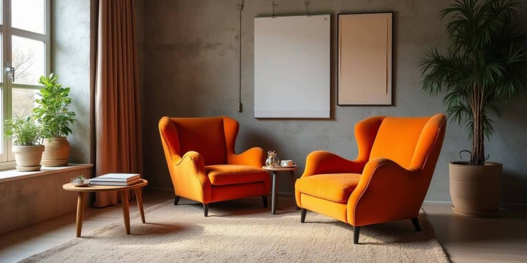 Accent chair decor ideas showing curved and angular shapes that balance a contemporary space.