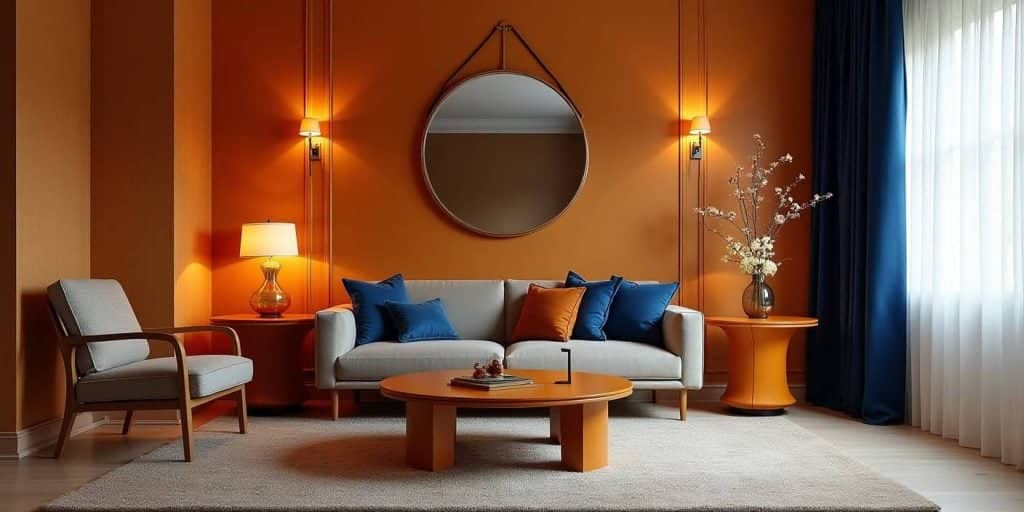 Living room styled with a structured home decor color palette following the 60-30-10 rule, blending soft beige walls, amber accents, and navy decor pieces.