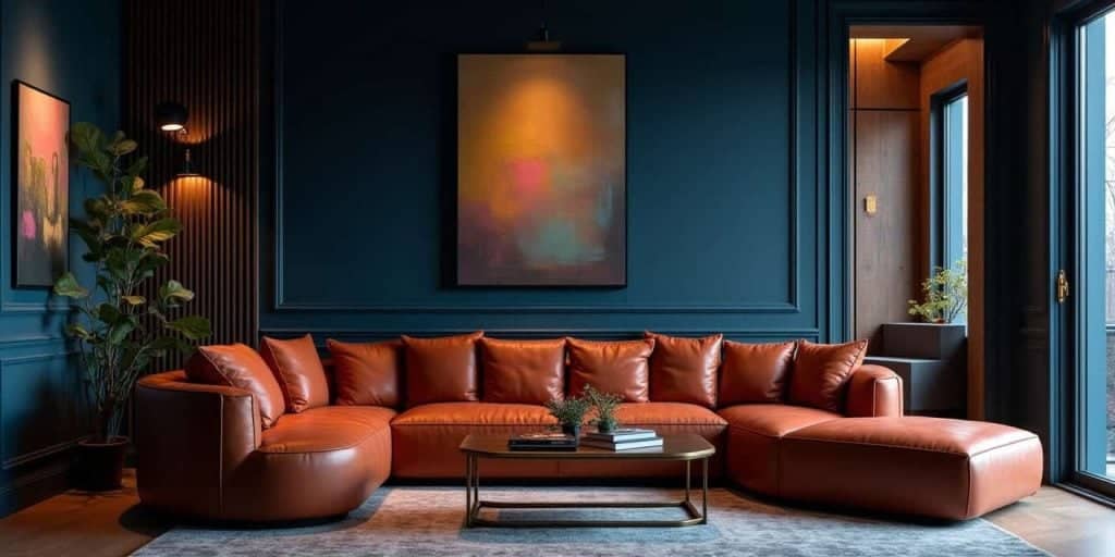 Elegant living space showing how color theory shapes a cohesive home decor color palette with complementary hues of navy and rust.